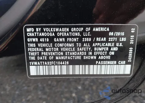 2015 Volkswagen Passat 1.8T Limited Edition from USA, damaged, VIN 1VWAT7A32FC104426